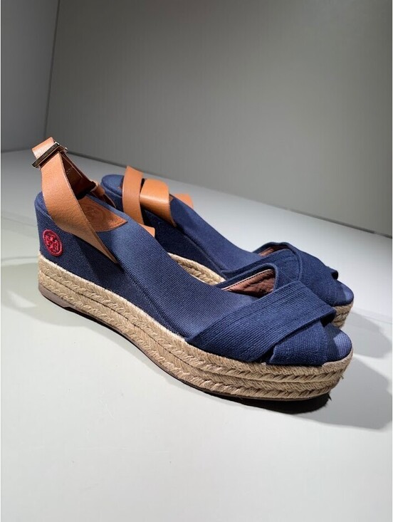 Tory Burch Shoes - Tory Burch Navy Canvas Espadrille Wedge Sandals